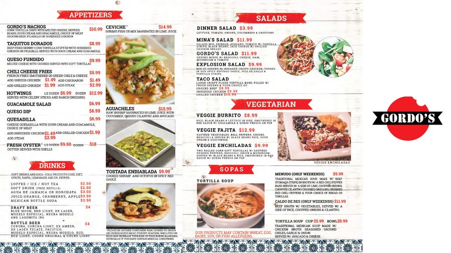 Gordo's restaurant menu with appetizers, salads, vegetarian dishes, soups and drinks on a white wood background with red banner headings