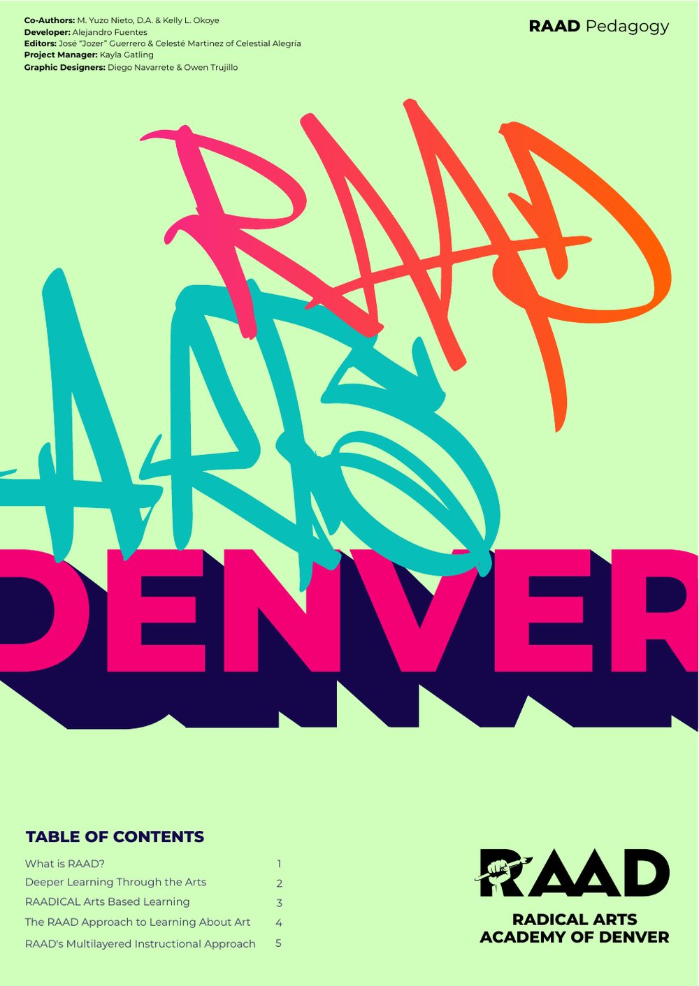 RAAD Pedagogy brochure cover with hand-lettered graffiti style RAAD ARTS DENVER on a light green background